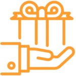 Orange graphic of a hand presenting a wrapped present